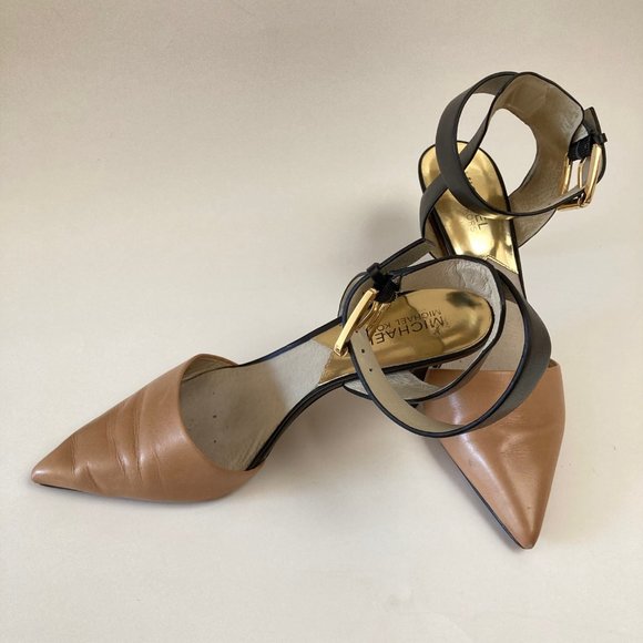 Michael KORS JULIETA Black Tan Leather Wide Ankle Strap Pointed Toe Slingback 8M - Picture 12 of 16